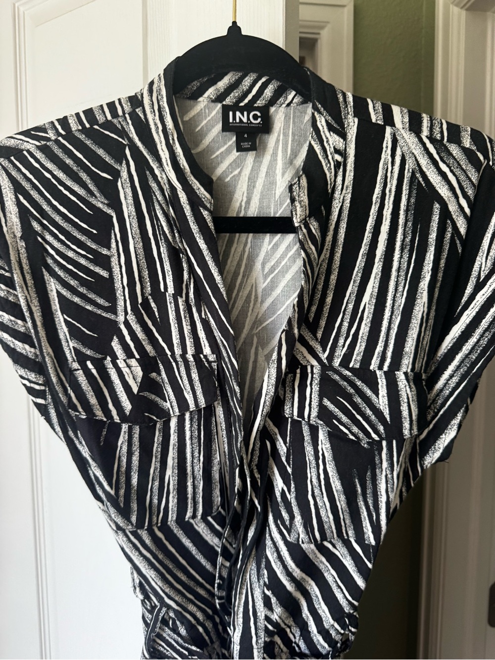 INC International Concepts Black & White Striped Tie-Waist Jumpsuit